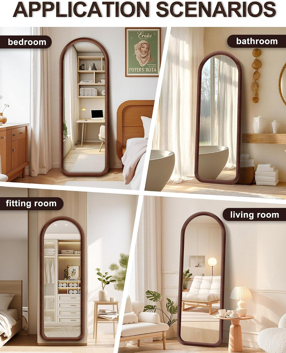 Arched Full Length Mirror, Free Standing Floor Velvet Finish Frame Mirror for...
