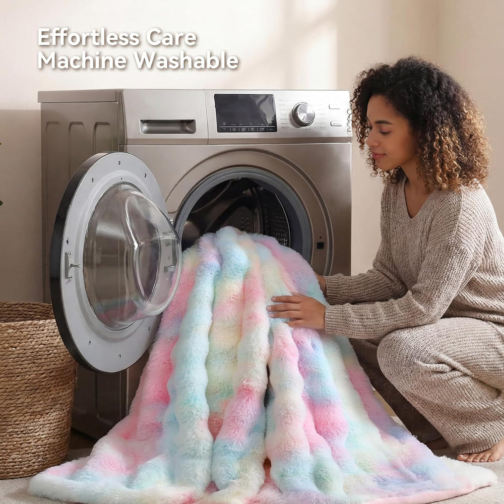 Faux Rabbit Fur Throw for Couch - Rainbow Bubble Blanket 50"x60"