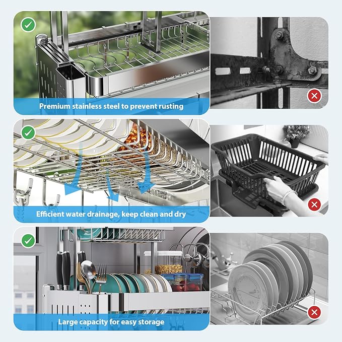 Over Sink Dish Drying Rack, Upgrade 2.5-Tier 304 Stainless Steel Dish Rack