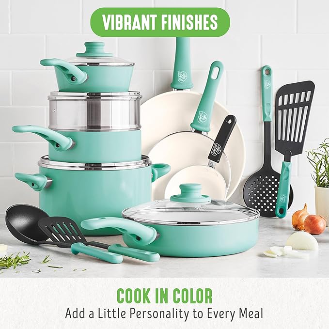 GreenLife Soft Grip Healthy Ceramic Nonstick 18 Piece Kitchen Cookware Pots and - Image 5
