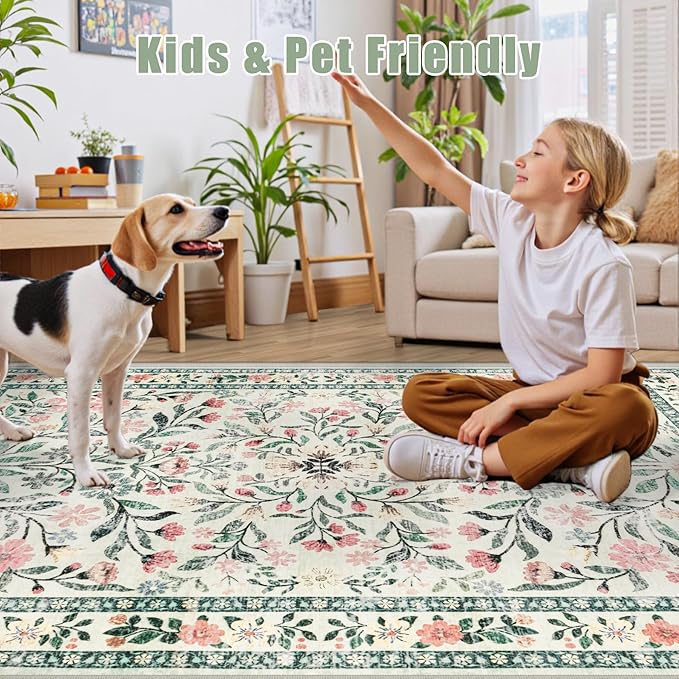 8x10 Area Rugs for Living Room: Floral Washable Rug Vintage Large Soft Boho - Image 7