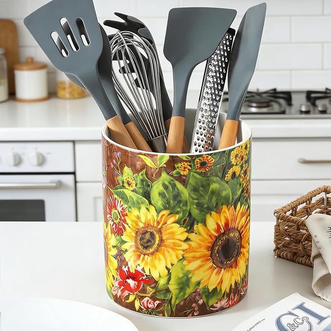 7" Oil Painting Sunflower Utensil Holder, Large Kitchen Utensil Holder Organizer - Image 3