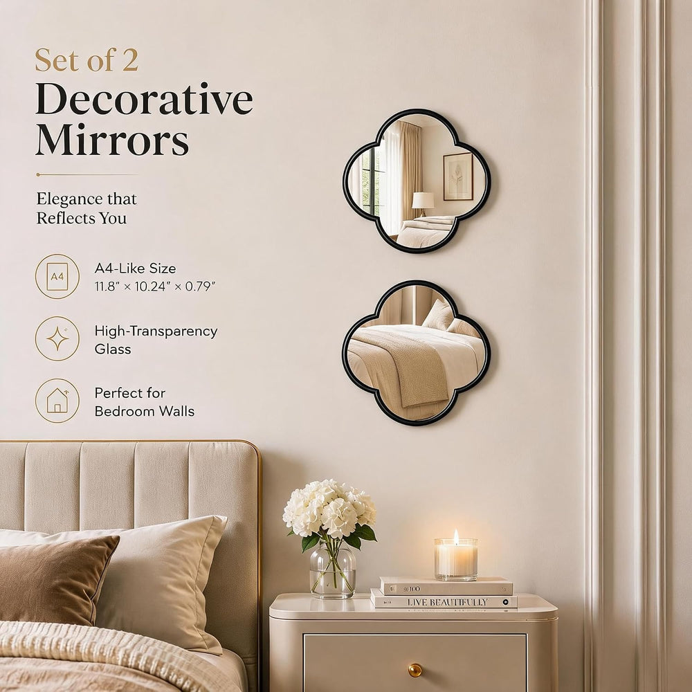 2 PCS Clover Mirror Wall Decor, Metal Framed Glass Mirror Tiles, Lucky Four L...