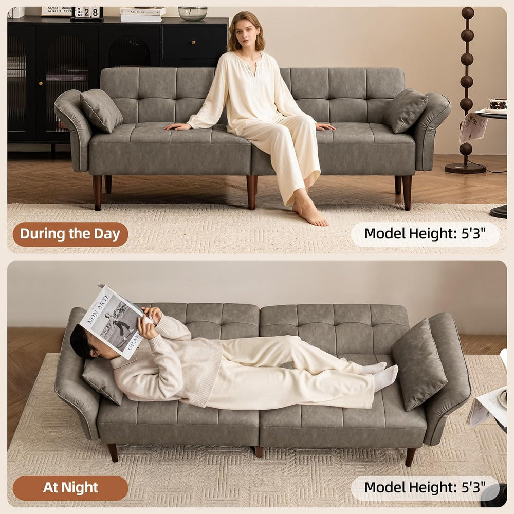 HALLYBEE 85" Futon Faux Leather Couch with Adjustable Armrests Grey
