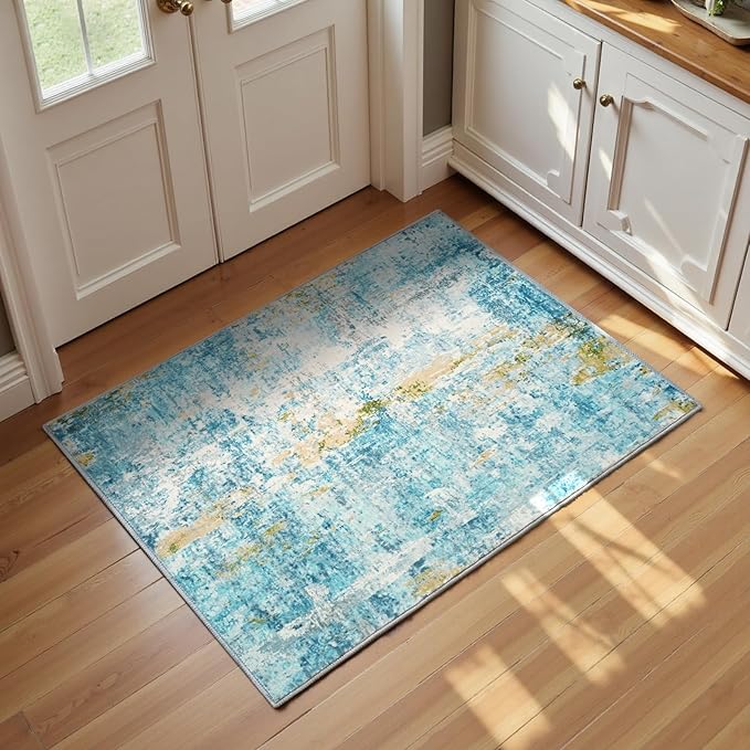 Entrance Rugs Indoor 2x3 Teal Blue Entry Rug Washable Abstract Small Area Rug by OmpaaHomeDecor