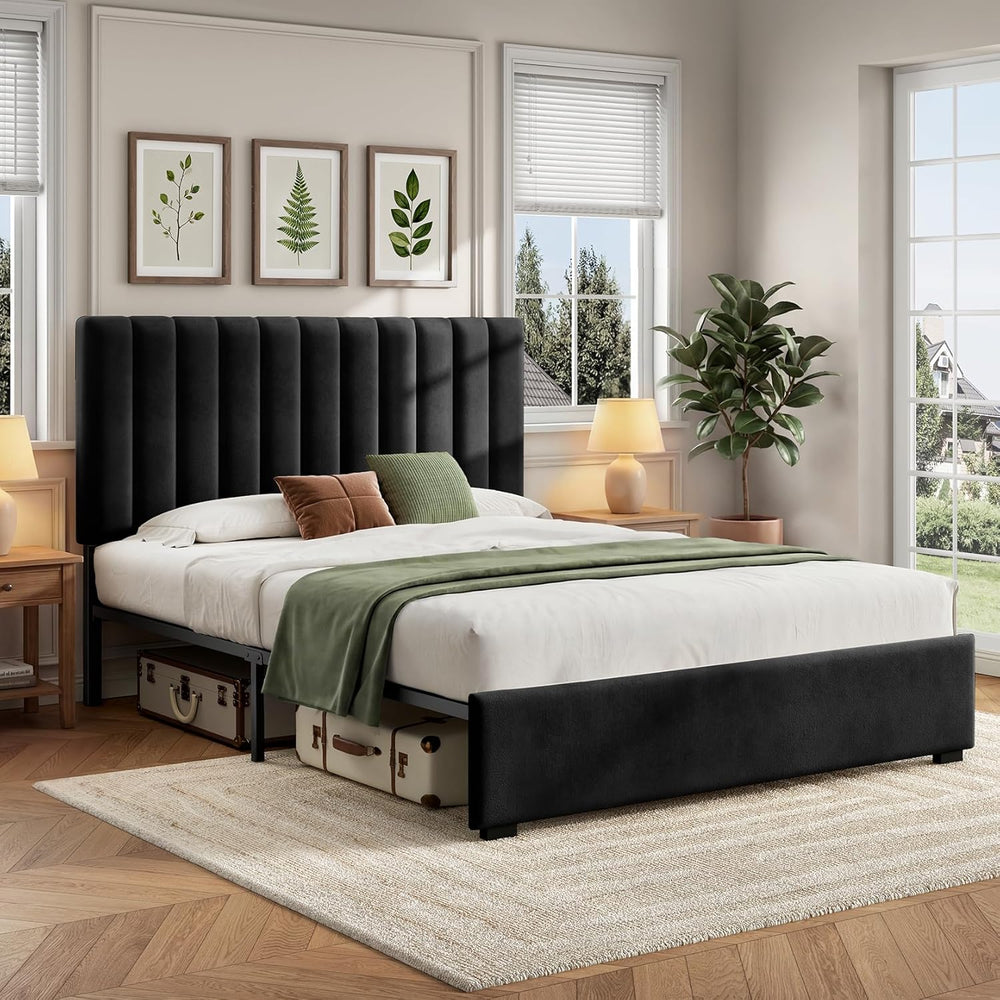 Welzona Full Size Velvet Upholstered Bed Frame with Tufted Headboard, Black