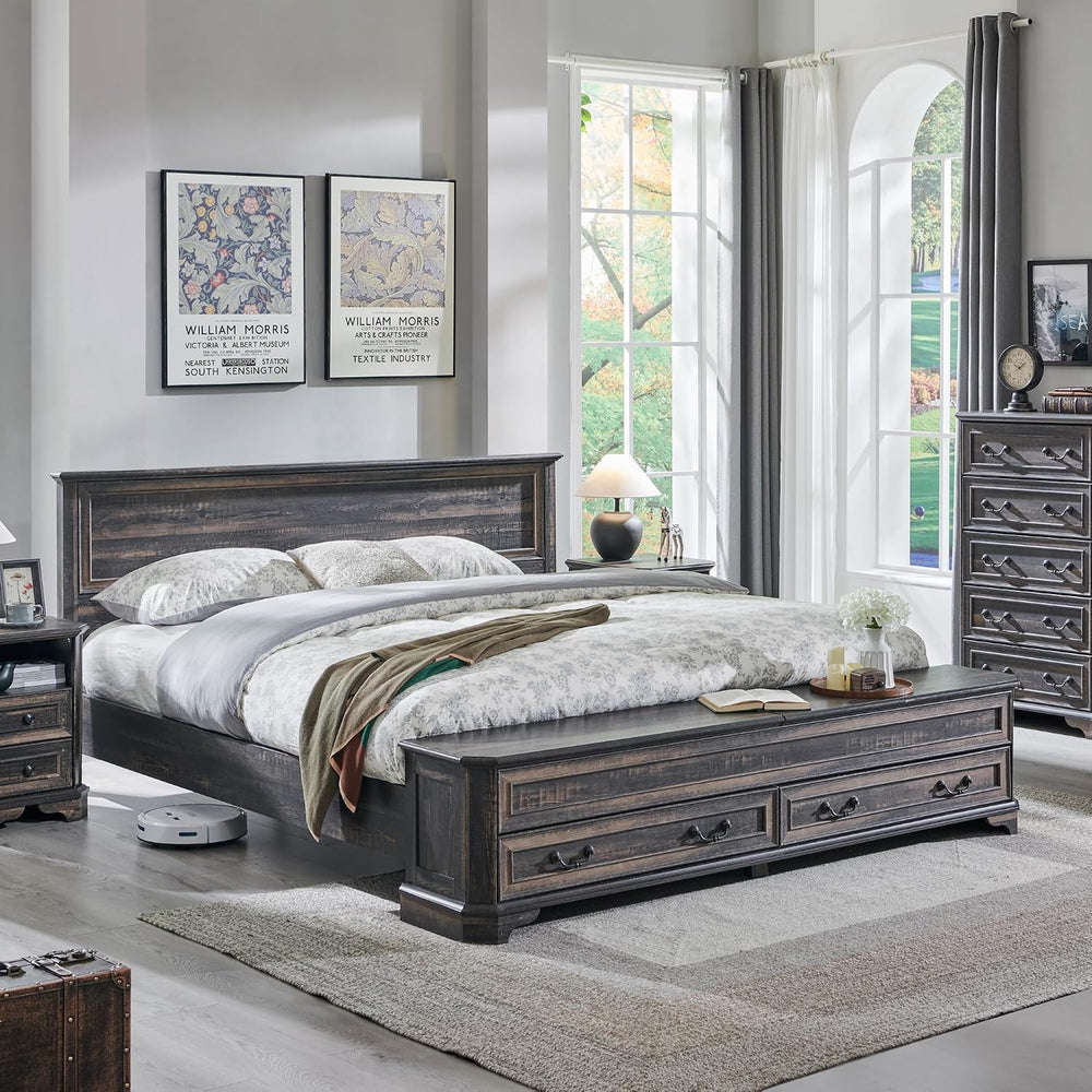 T4TREAM Farmhouse King Bed with Headboard and Storage Bench