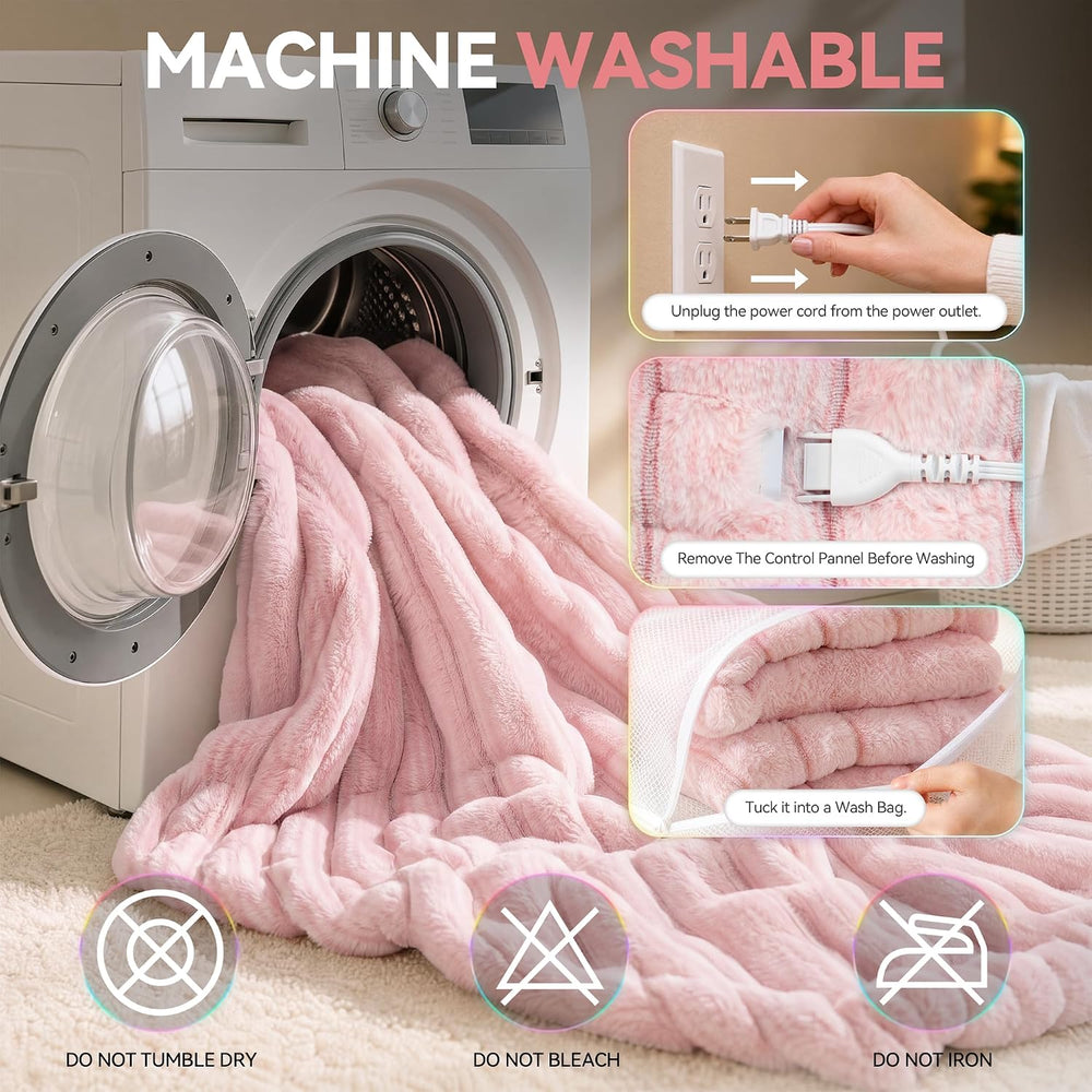 Heated Blanket Faux Rabbit Fur Electric Blanket 50"x60" Pink
