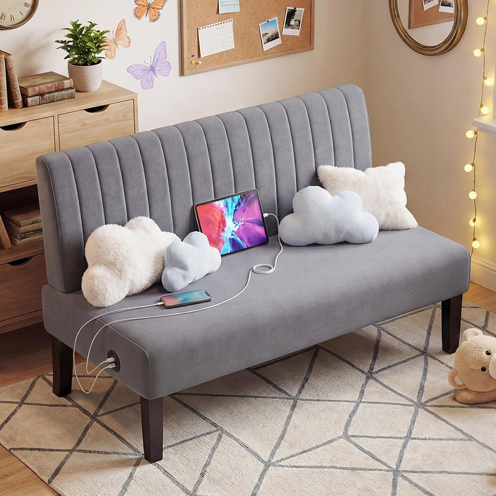 Armless Accent Chair Loveseat, Small Sofa, Grey Cotton-Linen, Modern