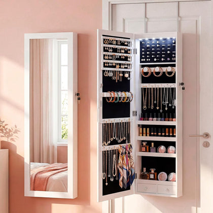 Antok 6 LEDs Jewelry Cabinet with Lock, 50" Full Length Mirror Wall Mounted or Over The Door Jewelry Organizer, Large Capacity Storage for Bedroom&Cloakroom&Entryway, Gift for Women, White