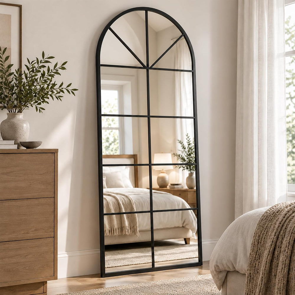 Windowpane Full Length Mirror, 65×22" Black Arch Body Wall Mirror