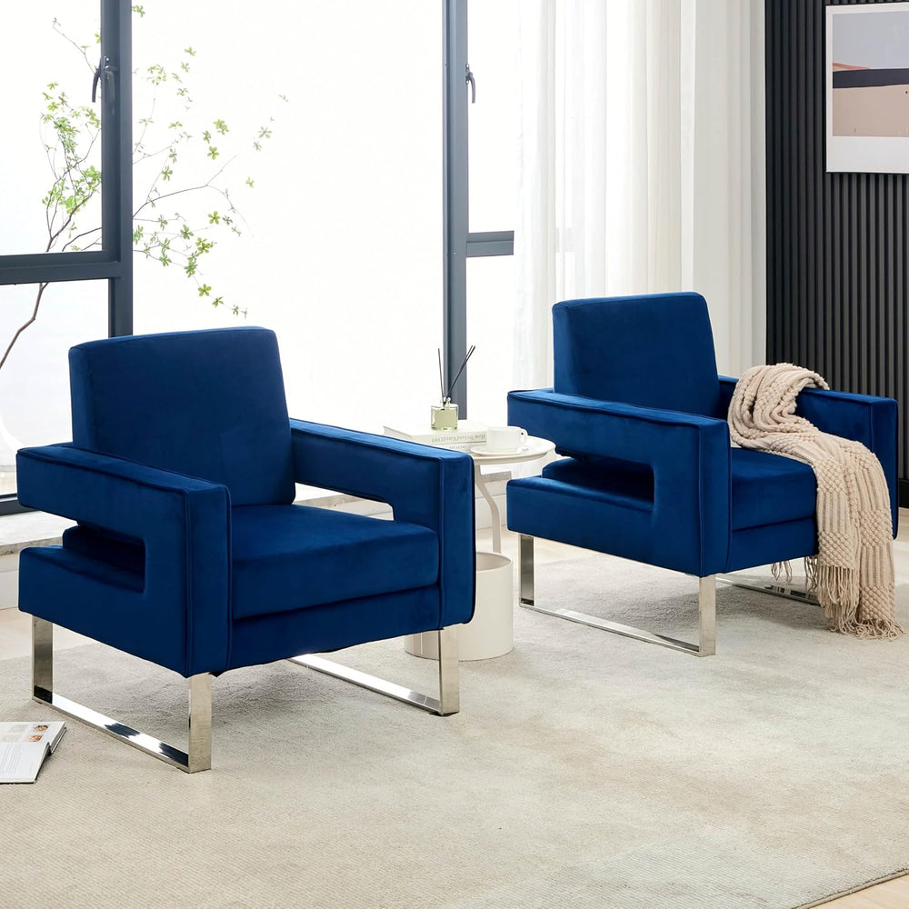 Velvet Accent Chair, Modern Armchair with Silver Base, Blue