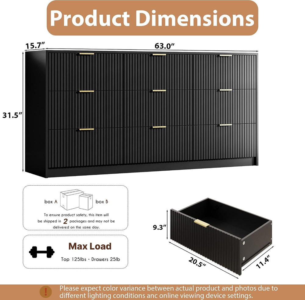 Black 3-Piece Bedroom Set, 9-Drawer Dresser & 2-Drawer Nightstands