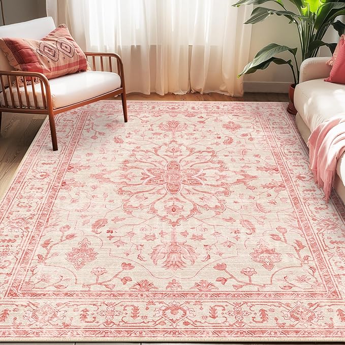 RELEANY Area Rugs 5'x7' Washable Non-Slip, Floral Vintage Distress Print by RELEANY