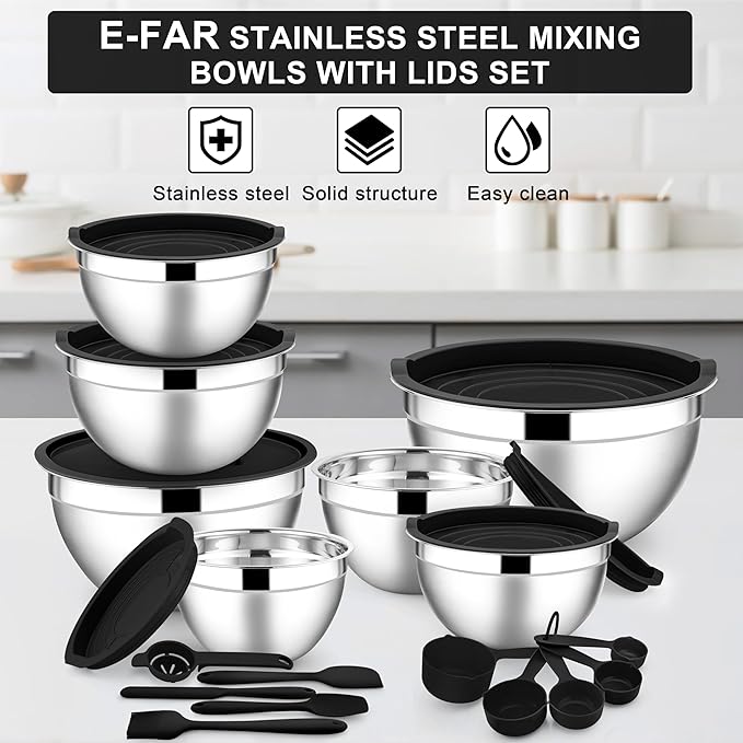 E-far Mixing Bowls with Lids Set, Size 7, Nesting Design & Black Airtight...