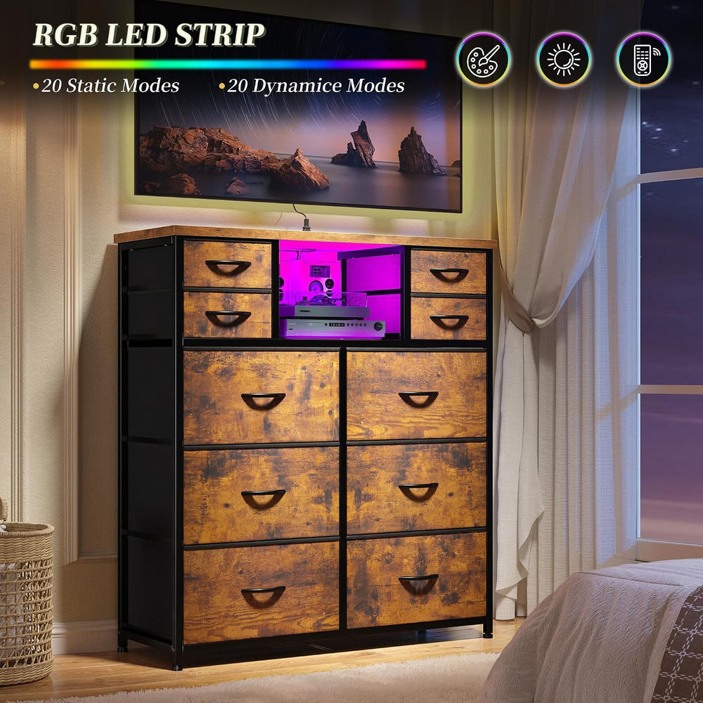 Dresser for Bedroom with Charging Station & LED Light, 10 Drawers
