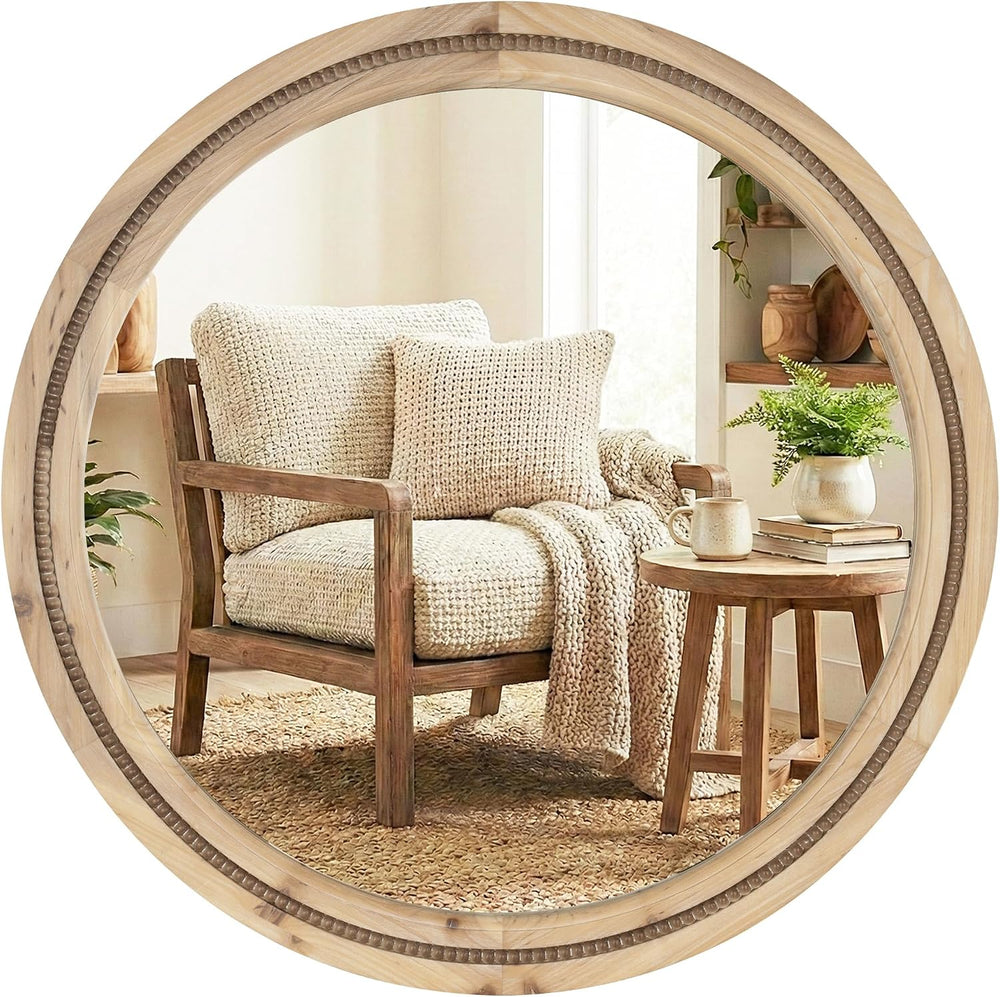 Solid Wood 30 Inch Round Beaded Vanity Wall Mirror, Natural Wood