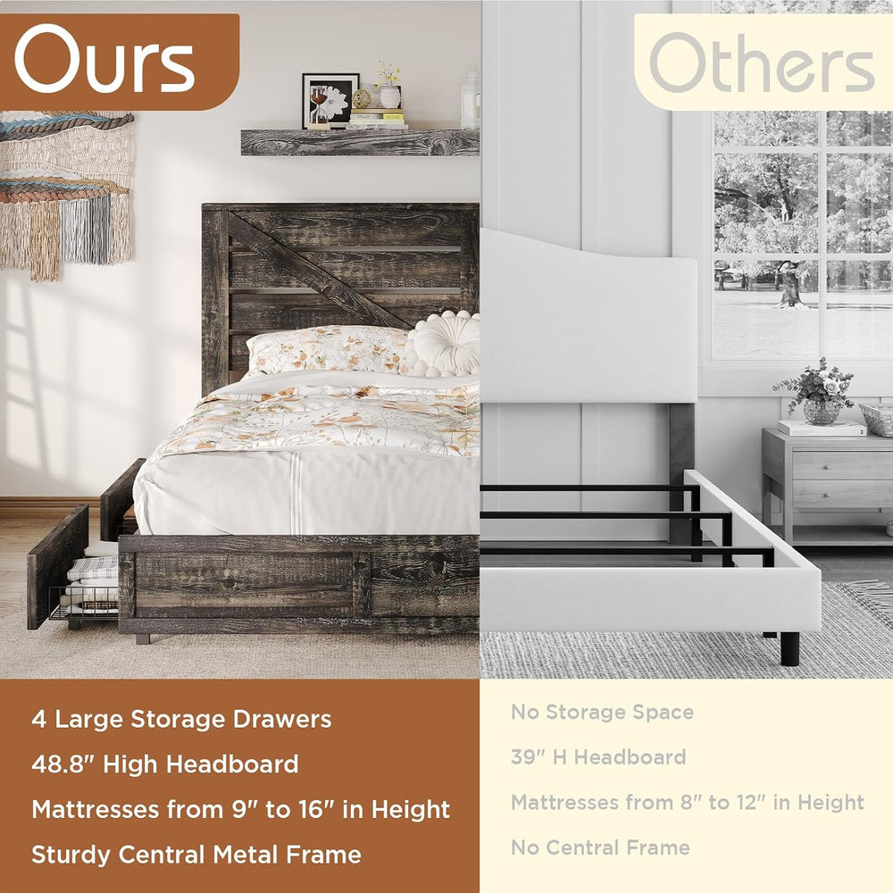 Queen Size Wooden Bed Frame with 4 Storage Drawers