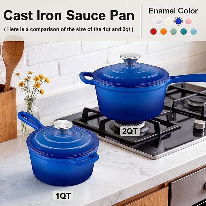 2 Pcs Enameled Sauce Pan with Lid, Leonyo 1 Qt & 2 Qt Cast Iron Saucepan Set - Image 5