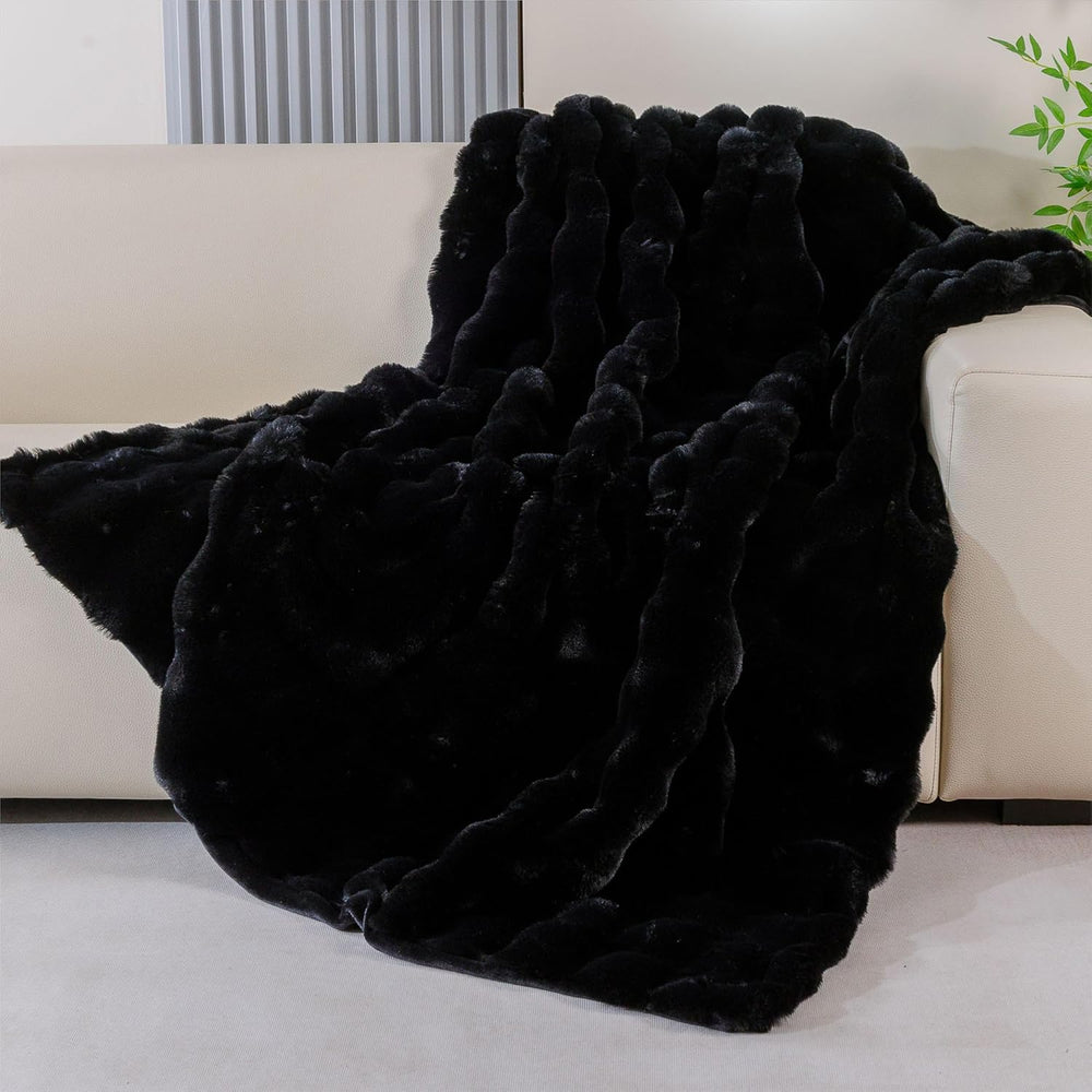 Fluffy Furry Black Faux Fur Throw Blanket for Couch Bed 50x60 Fuzzy Bubble So...