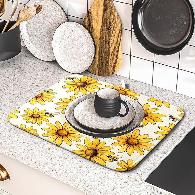 Spring Summer Sunflower Bee Dish Drying Mat of Kitchen Counter 16×18 Inch - Image 5