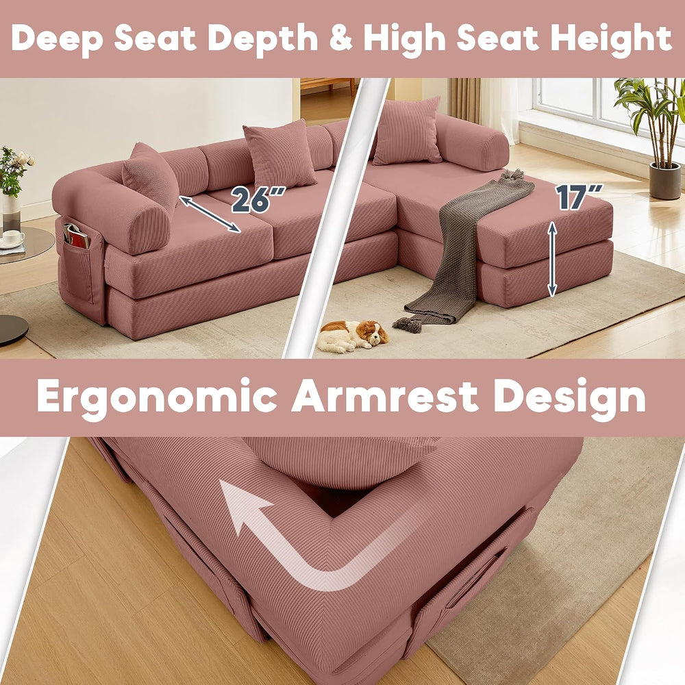 107" Modular Sectional Sofa Bed, L-Shape Corduroy Boneless Couch, Pink