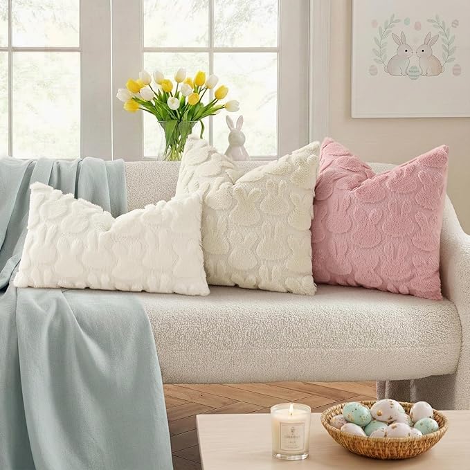 decorUhome Easter Bunny Pillow Covers 18x18 Inch Set of 2, Soft Plush Faux Wool - Image 3