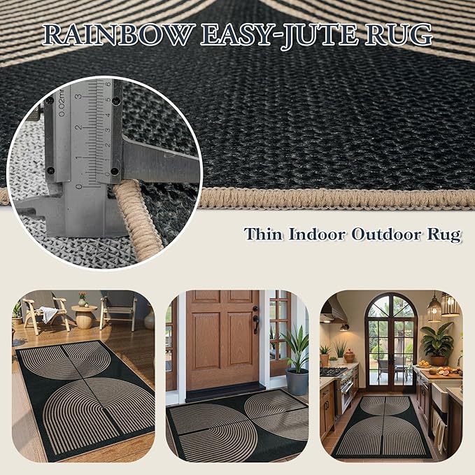 Lahome Enfys Modern Rainbow Easy Jute Outdoor Patio Rug, 3x5 Black Washable Rugs - Image 3