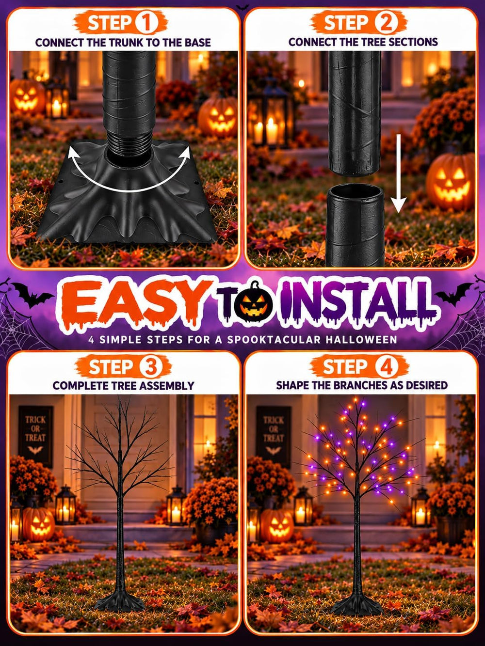 Black Halloween Tree with Purple and Orange Lights, 2Pack 6FT 300LED