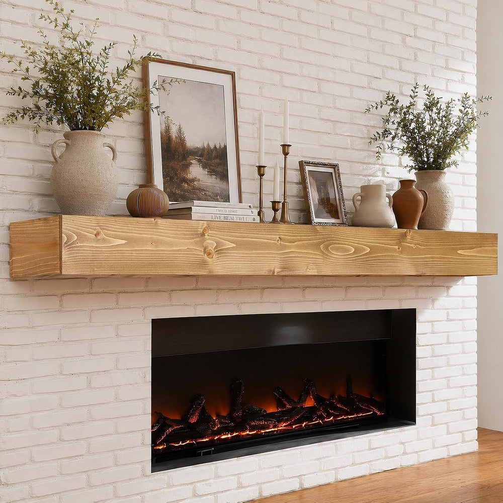 84x8x5in Pine Wood Fireplace Mantel Shelf, Natural Wood