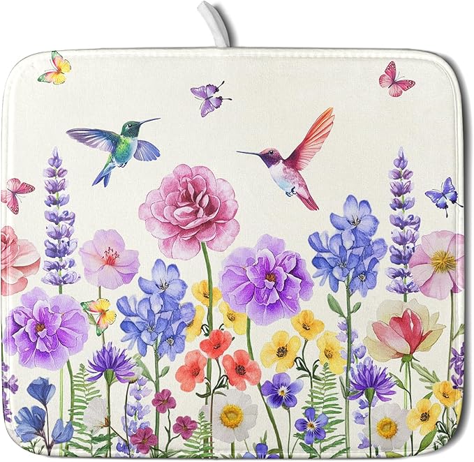 Giwawa Hummingbird Flower Dish Drying Mat 16x18 inch Watercolor Spring Herb by Giwawa