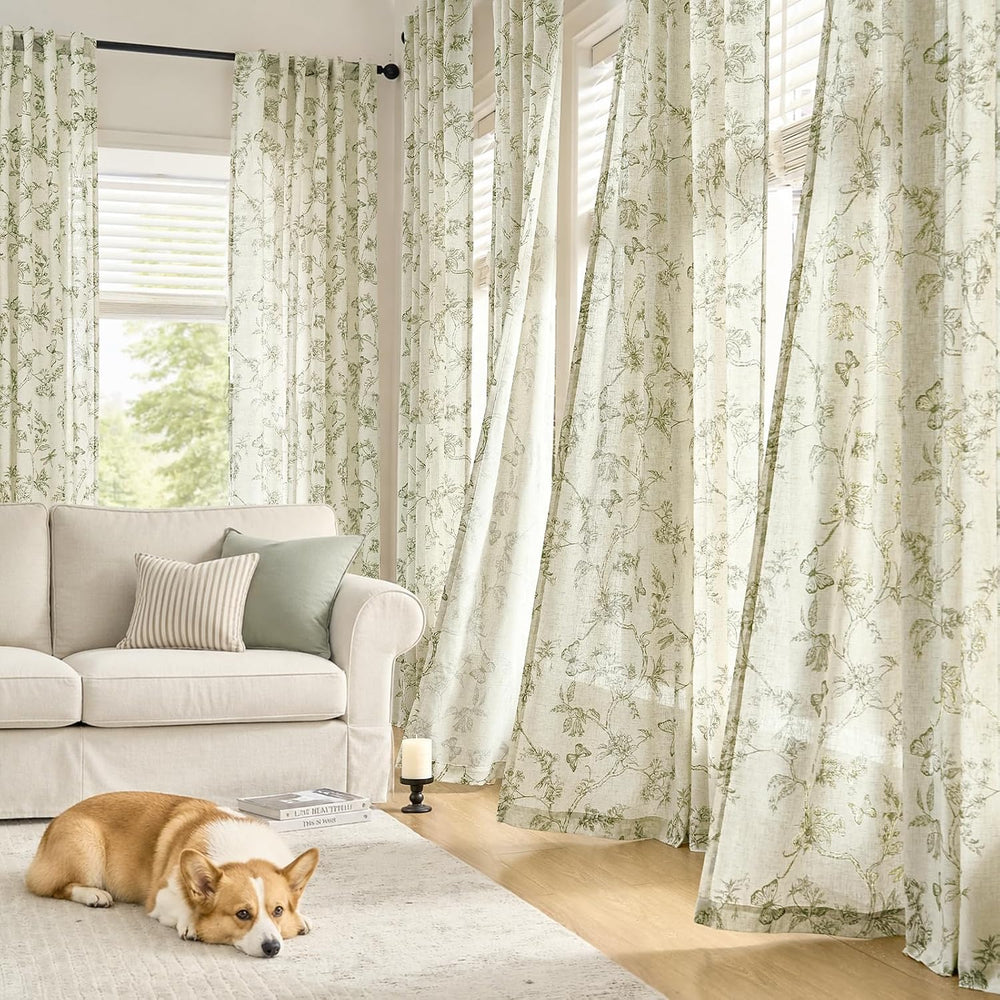 Lazzzy Green Floral Linen Curtains Farmhouse Rod Pocket 50W X 84L 2 Panels