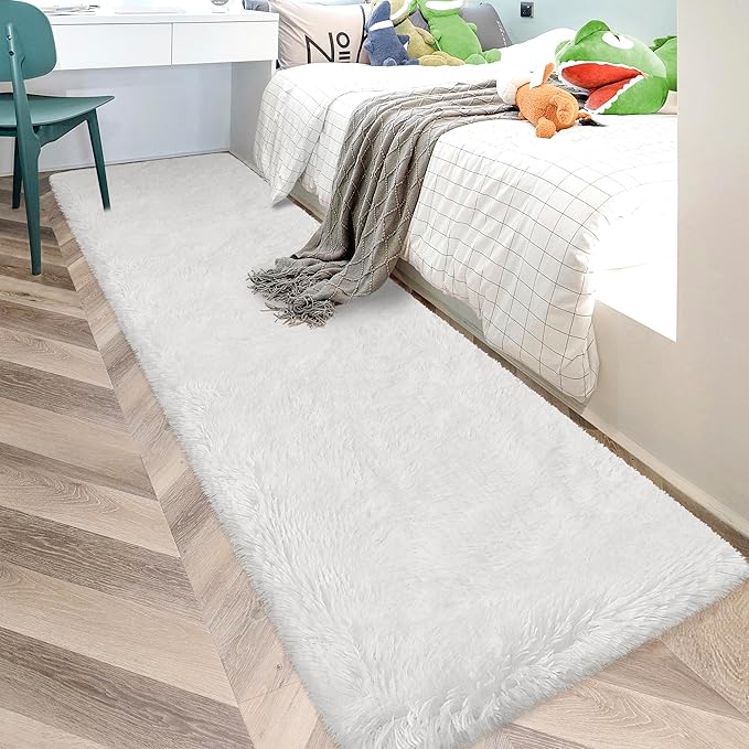 Runner Rug for Bedroom White 2x10ft Fluffy Area Rug Bedside Runner Rug for Kids by JiaoBaba