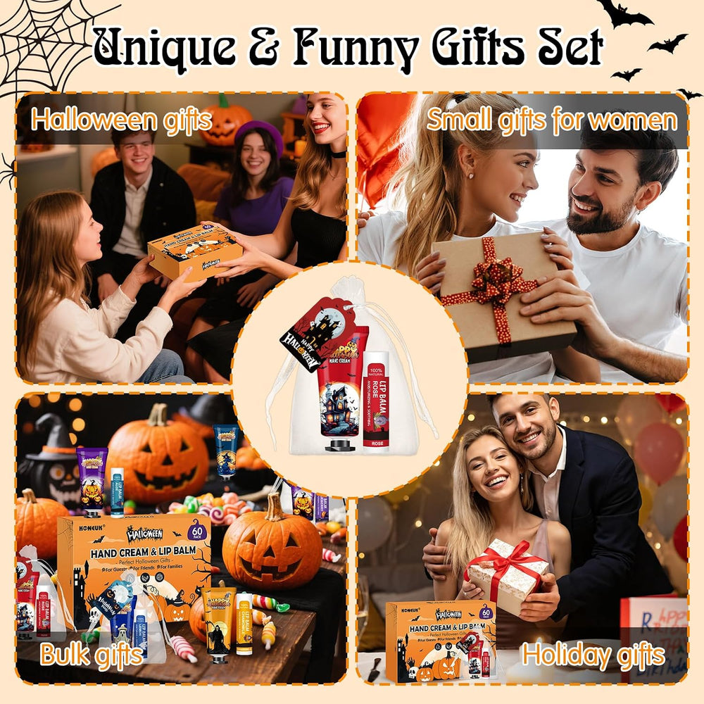 60 Pack Halloween Hand Cream and Lip Balm Set for Women, Halloween Gifts