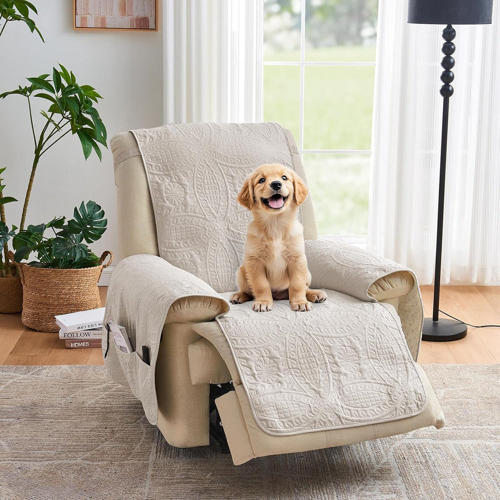 Beige Quilted Recliner Chair Covers, Water-Repellent Recliner Slipcovers, Laz...