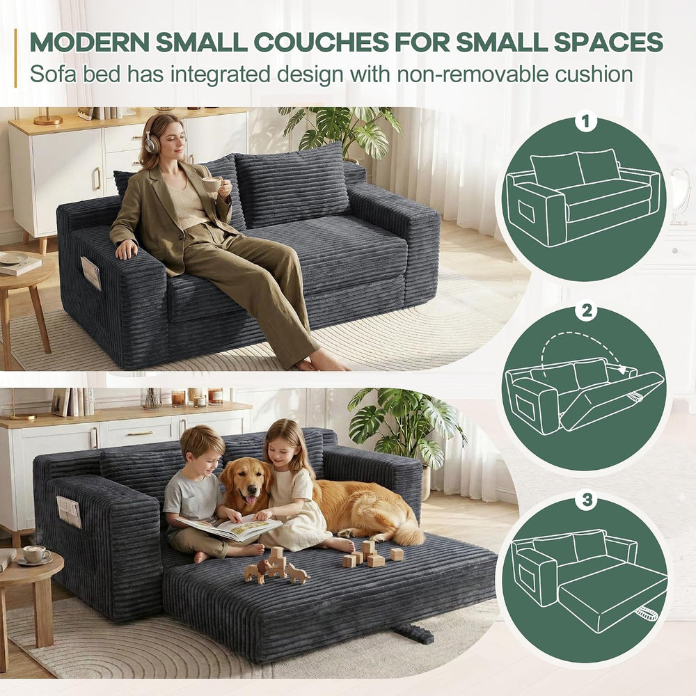 73" Convertible Sofa Bed, Corduroy Boneless Loveseat Sleeper, Gray
