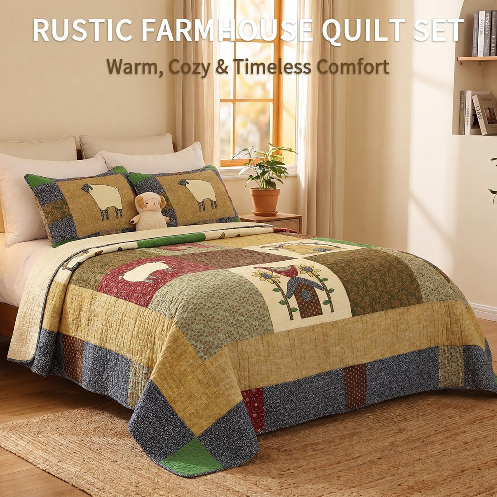 100% Cotton Patchwork Quilt Set Queen,Farmhouse Bedding,3-Piece
