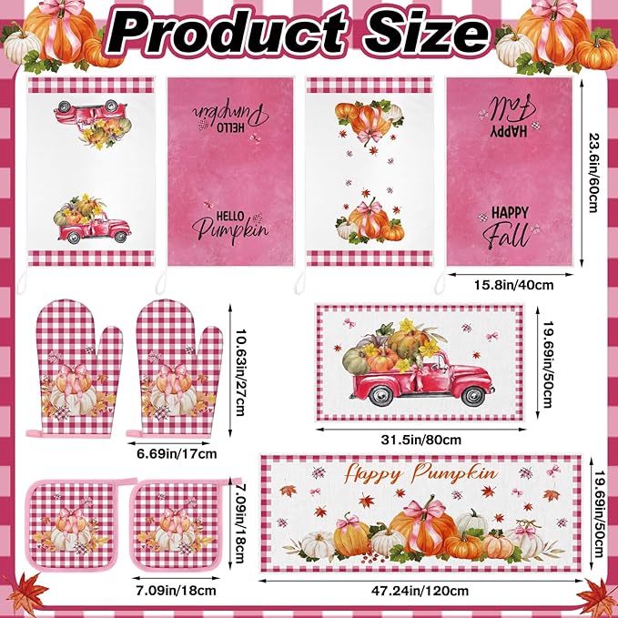 Fanfanwin 10 Pcs Thanksgiving Pumpkin Kitchen Decor Set Pink Kitchen Towels Pot - Image 3