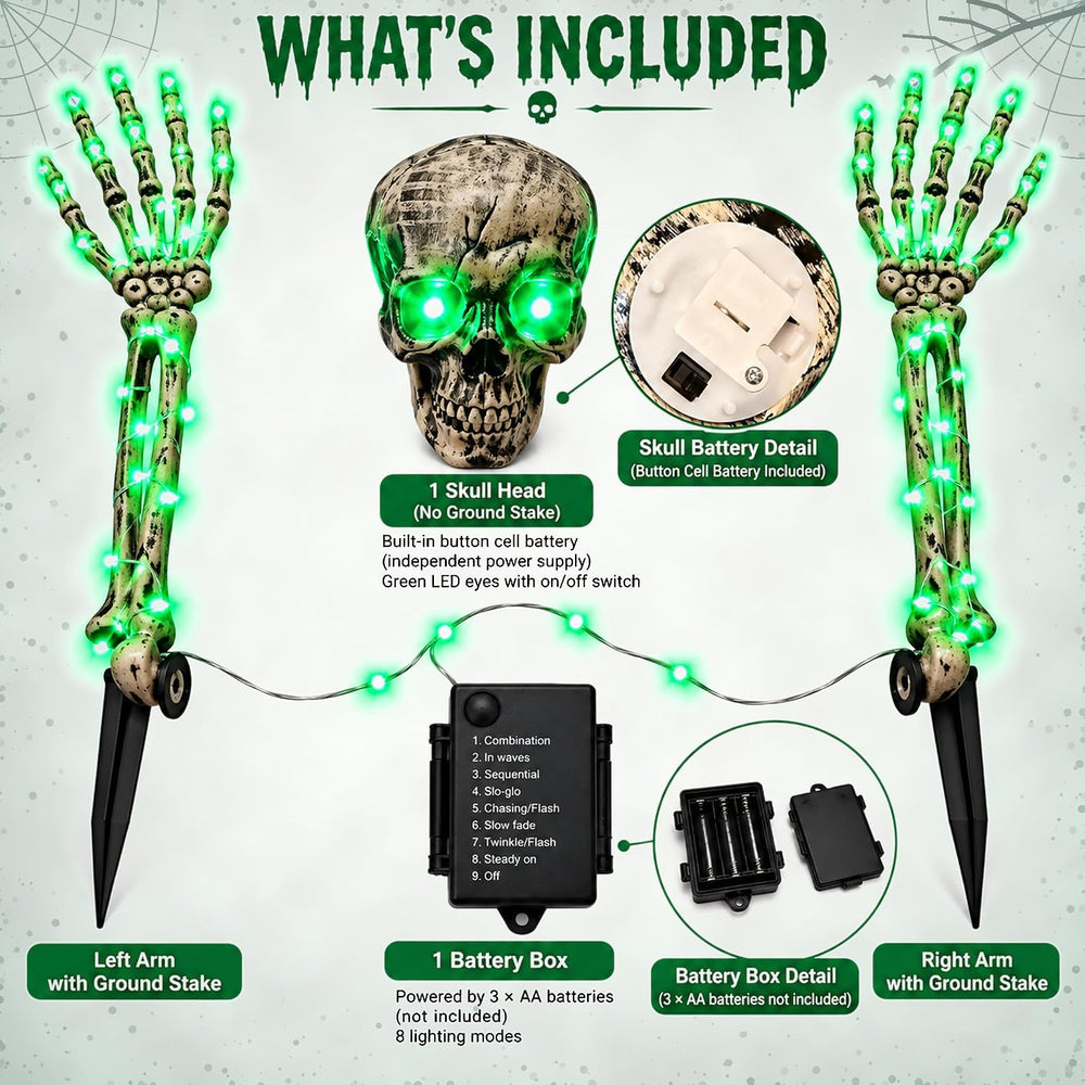Halloween Skeleton Decorations Outdoor, 3-Piece Green LED Yard Stakes, Skull ...