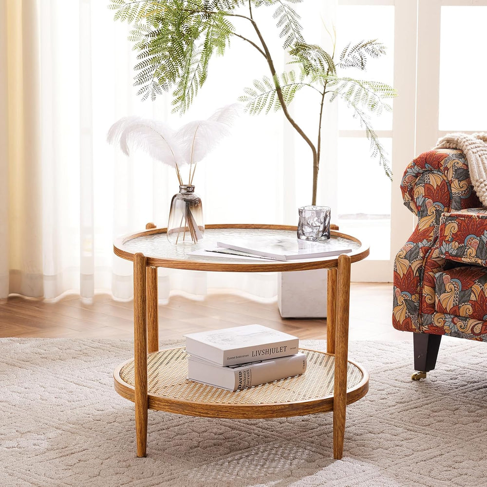 VINGLI 25.6" Round Glass Coffee Table, Rattan Coffee Table, Natural Vibe