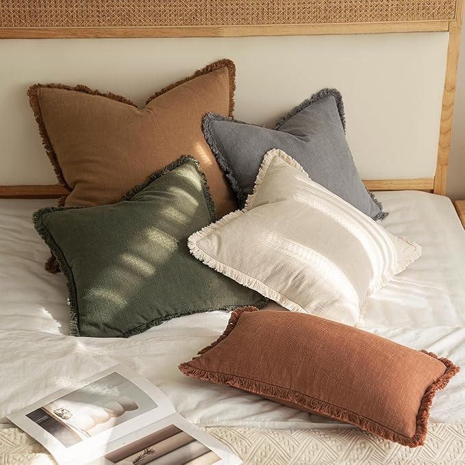 MIULEE Decorative Throw Pillow Covers Neutral Linen Fringe Throw Pillows Set of - Image 5