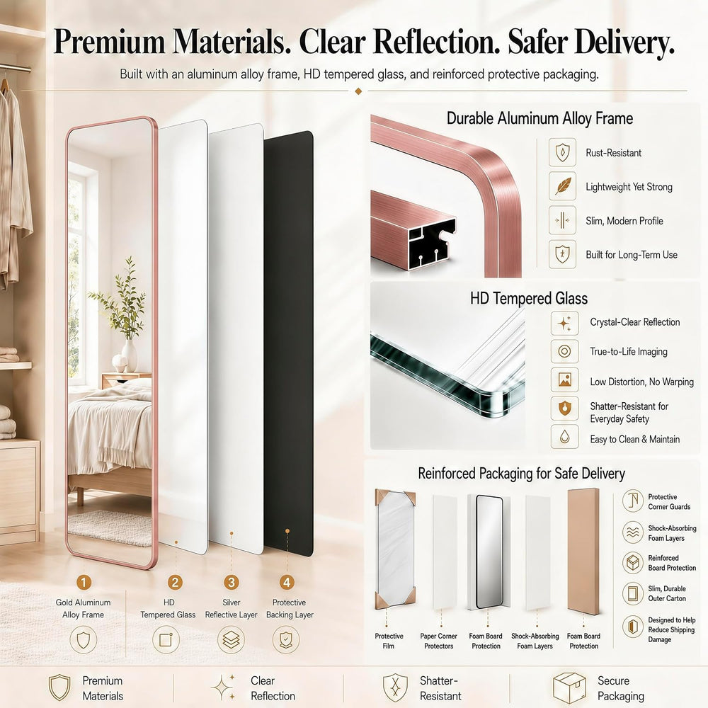47x14" Full Length Mirror Over the Door Hang or Wall Mounted RoseGold