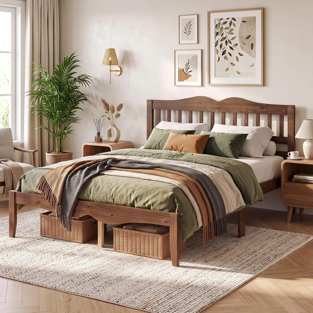 KOMFOTT Full Size Bed Frame, Farmhouse Wooden Bed with Slatted Headboard