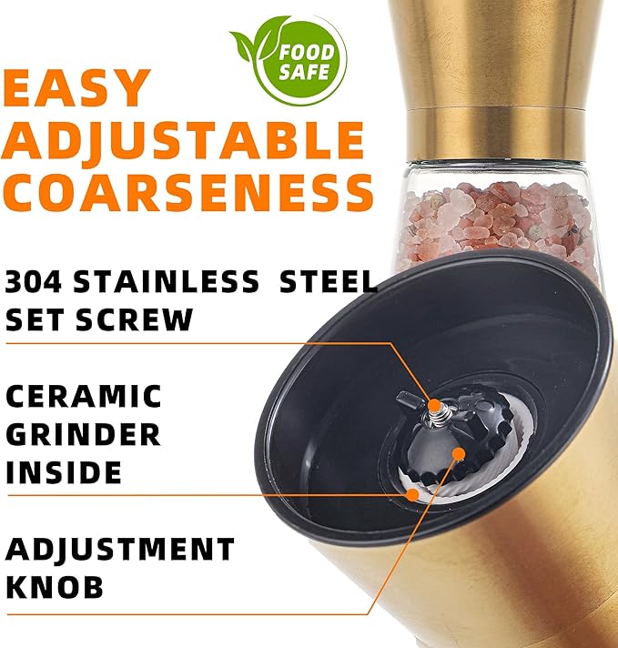 DAVIMADE Premium 2pk Gold Salt and Pepper Grinder Set, Manual Grinder - Image 4