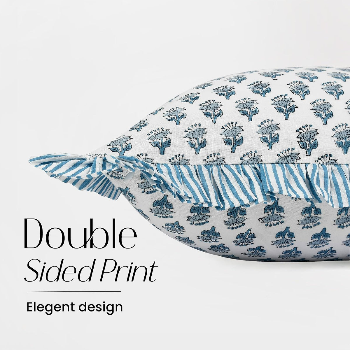 cpc apatite blue block print ruffle sham pillow shown in use