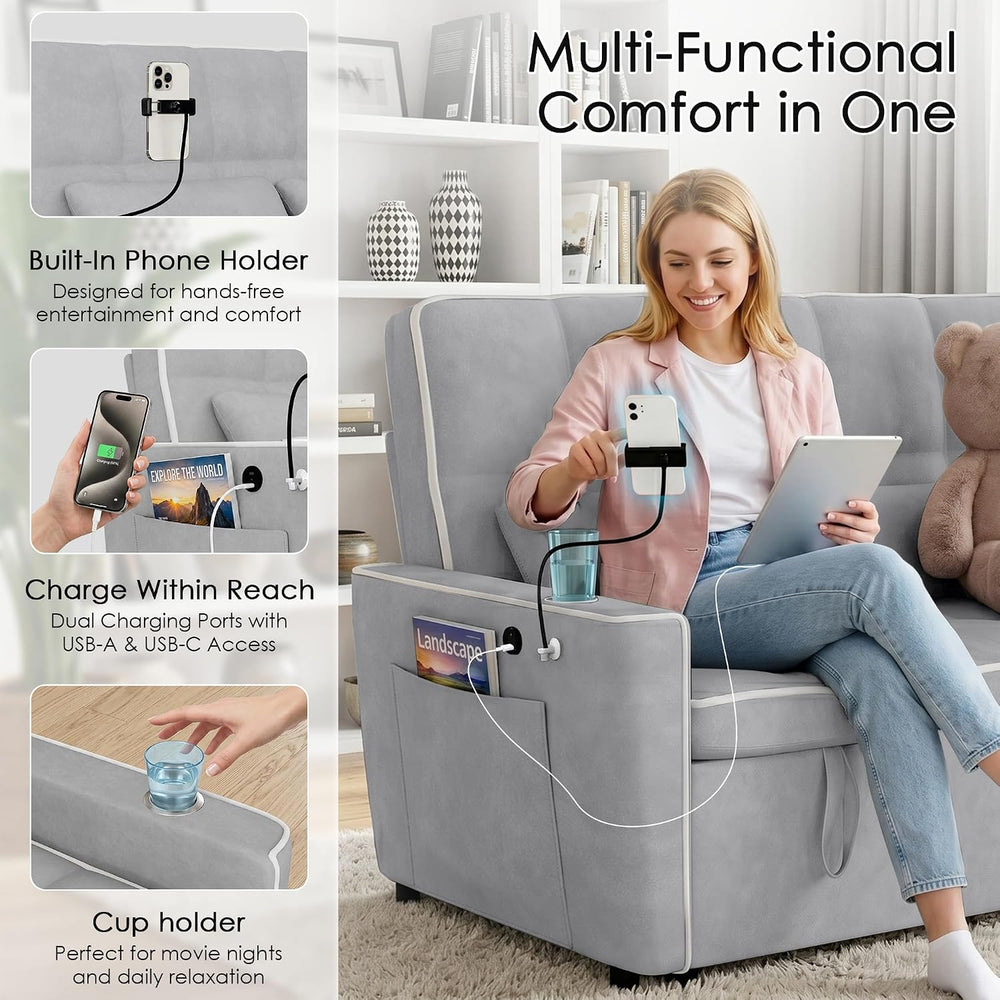 54'' Sleeper Sofa, Convertible Sofa Bed with Phone Holder, Pull Out C...