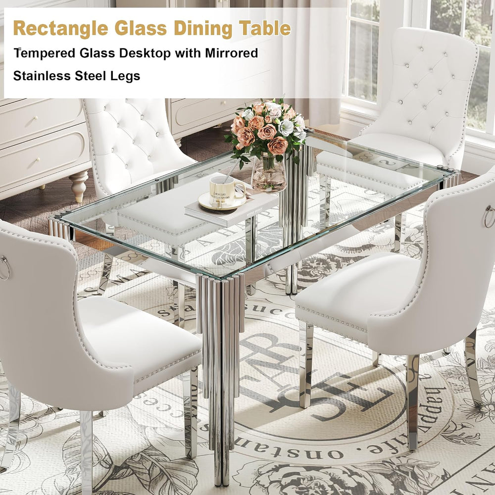 Modern Rectangle Glass Dining Table for 4-6 People, 53" Clear Tempered G...
