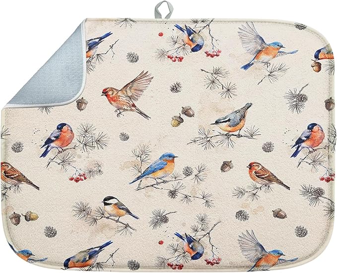 Sanwarm Absorbent Dish Drying Mat, Vintage Birds Watercolor Cute Floral by SanwarmHomeDecor