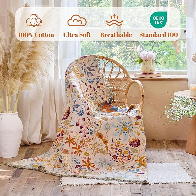 MSGKV Boho Throw Blanket for Couch 100% Cotton 50"x60" Floral Blanket Sofa - Image 2