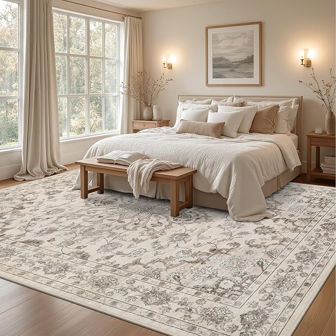 Area Rugs 10x14 Living Room Rug: Washable Rug Soft Vintage Distressed Floral - Image 3